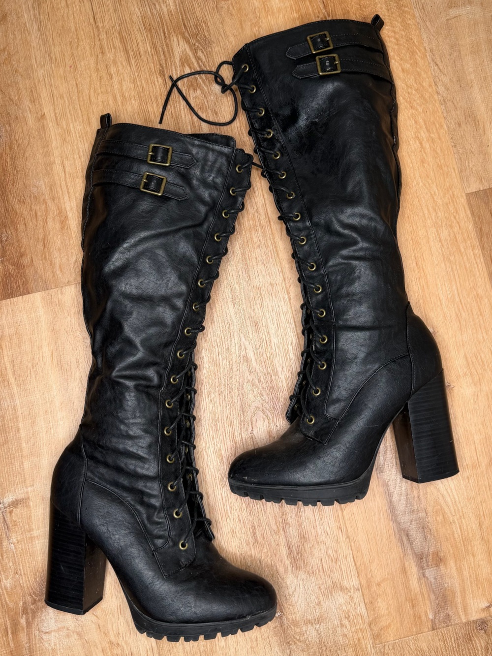 Charlotte Russe Black Lace-Up Knee-High Heeled Boots Buckle Accent